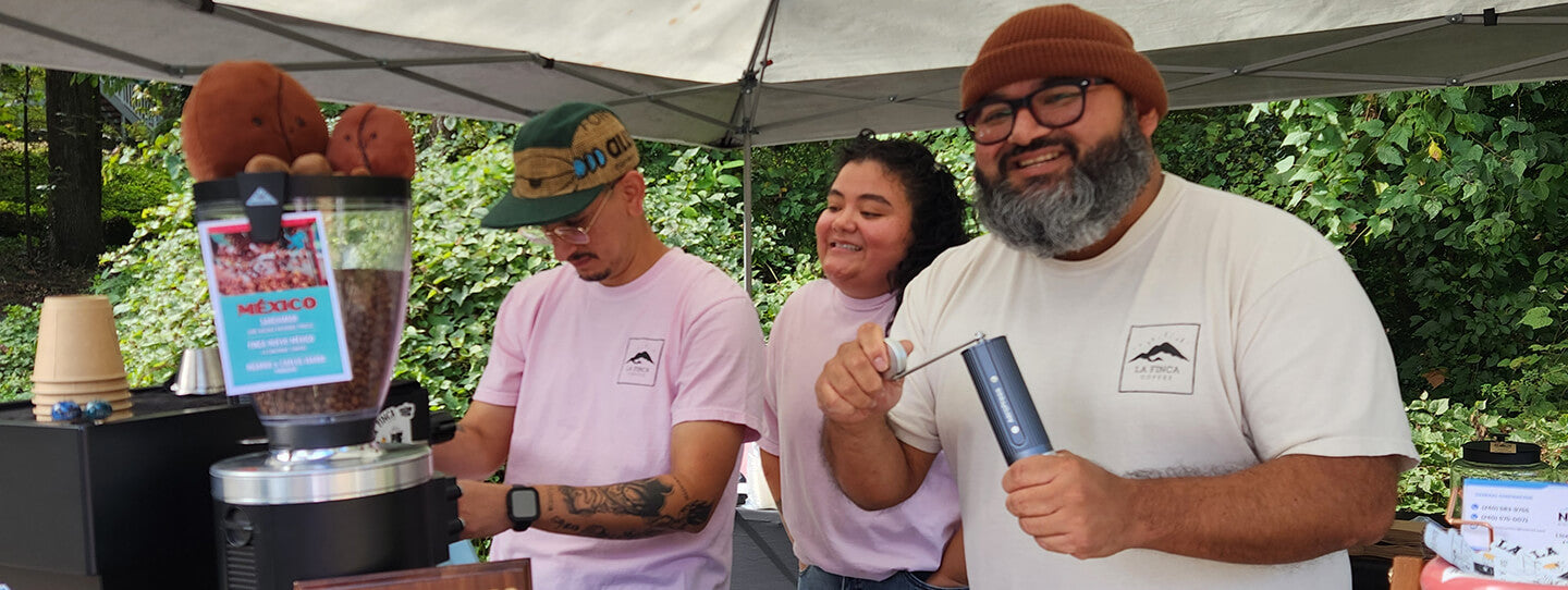 Eduardo Choza grinding coffee with AeroPress Grinder