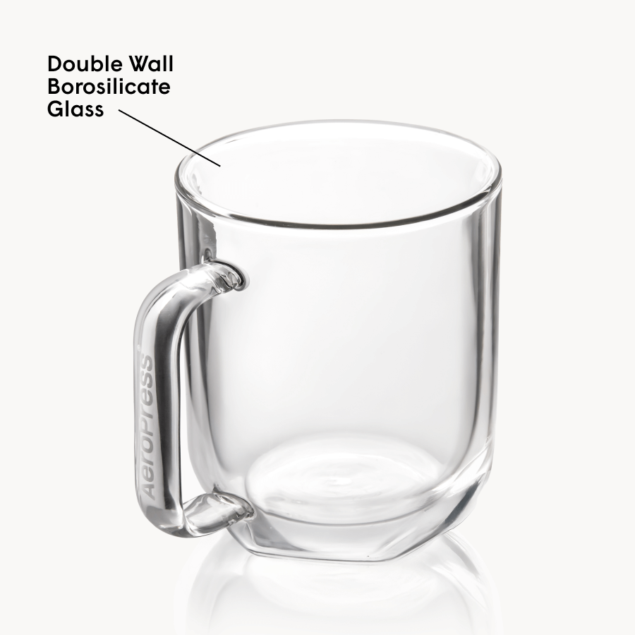 Clear glass mug with handle on a white background