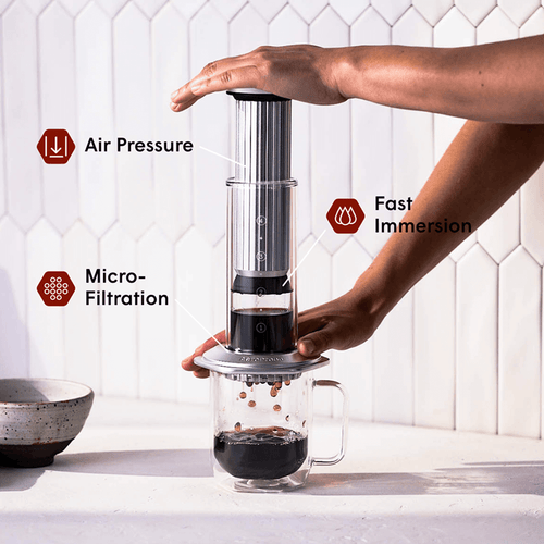 Person using an AeroPress Premium coffee maker with text labels on air pressure, fast immersion, and micro-filtration.