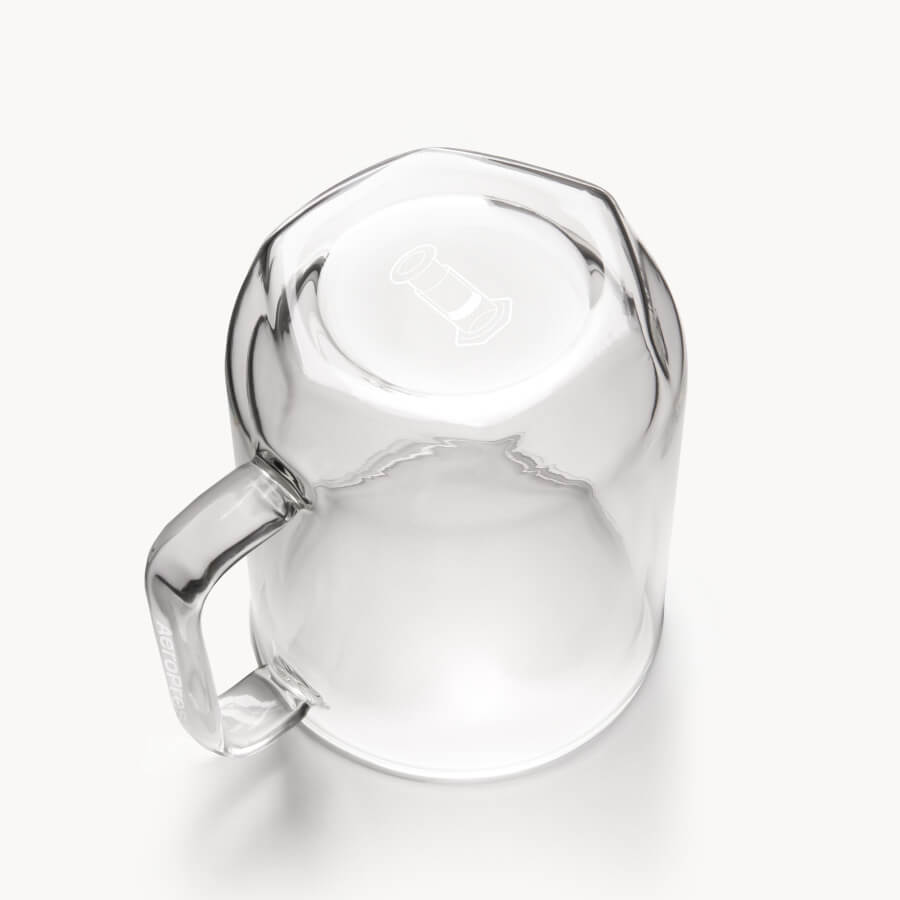 Clear glass mug on a white background