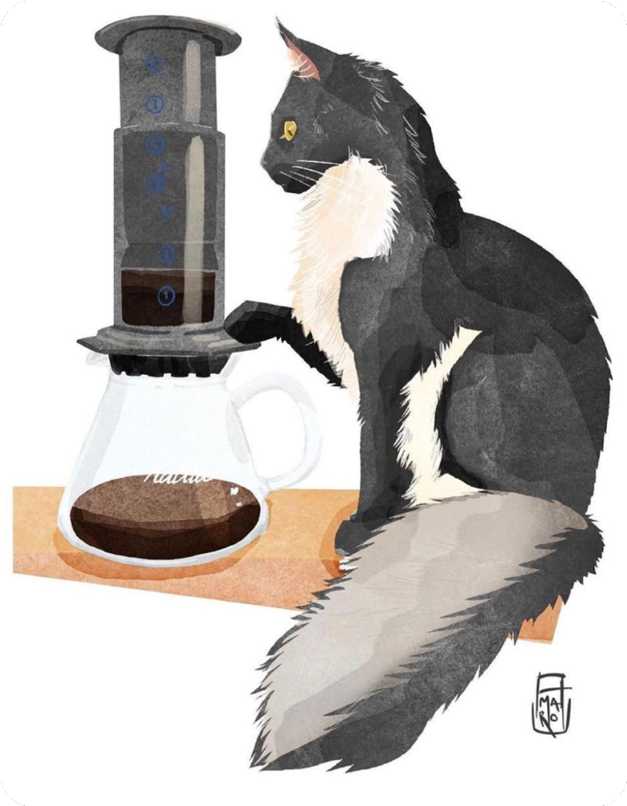 Painting of black and white cat with AeroPress