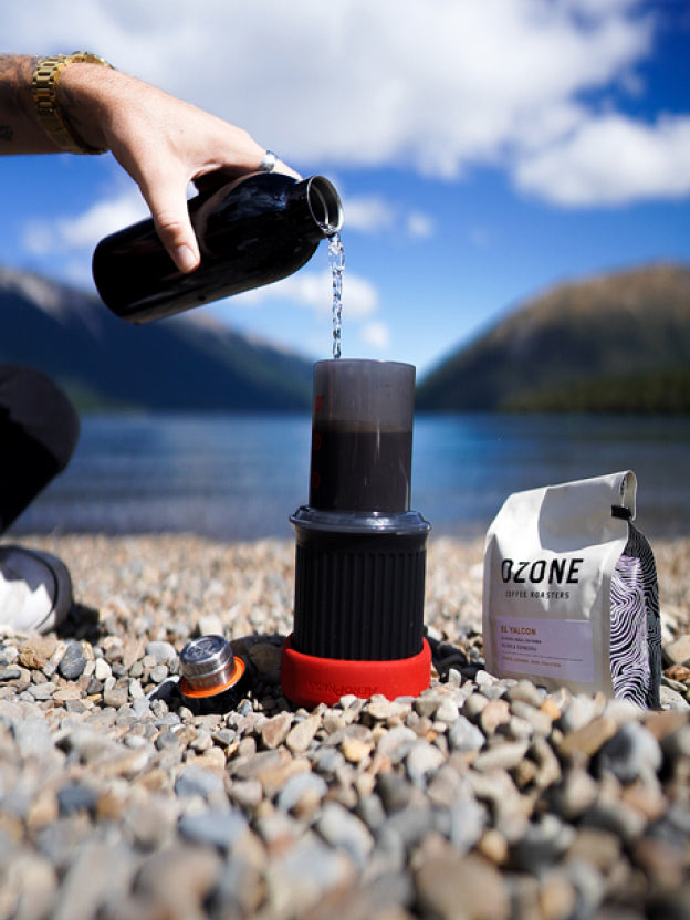 AeroPress Go by lake in New Zealand