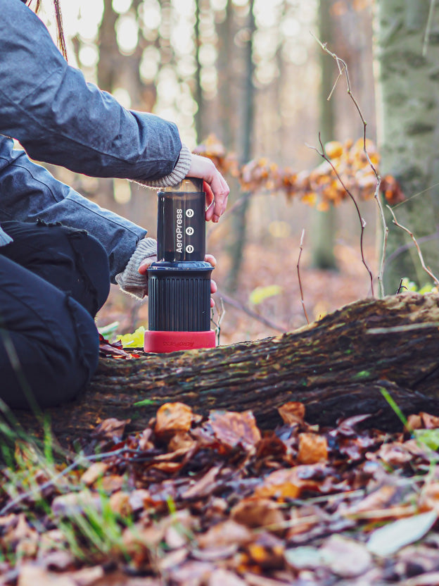 AeroPress Go being brewed on log in woods