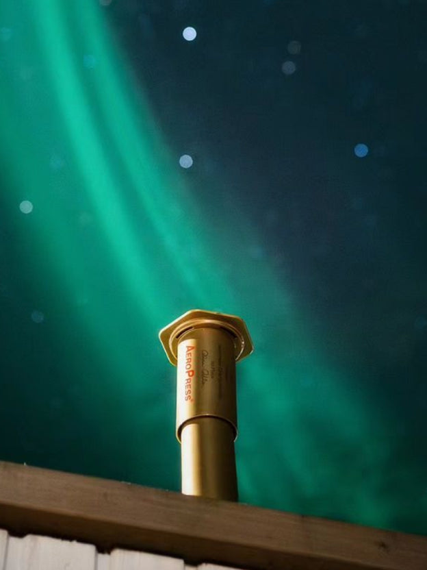 AeroPress trophy next to northern lights