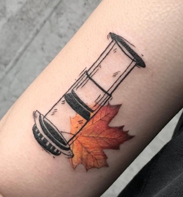 AeroPress tattoo with maple leaf