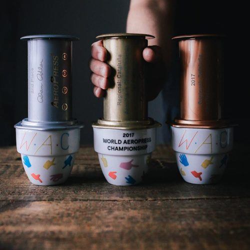 Photo of three 2017 AeroPress trophies on top of cups