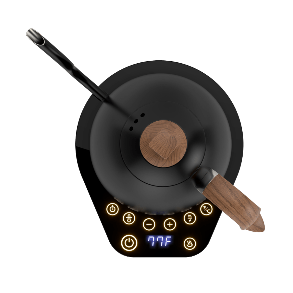 Black kettle with wood top view