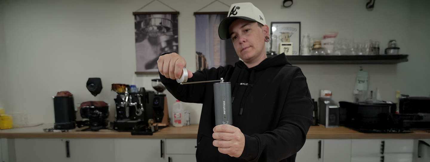 Alex Gren using AeroPress Manual Grinder