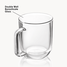 Clear glass mug with handle on a white background