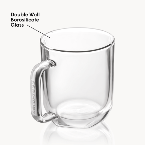 Clear glass mug with handle on a white background