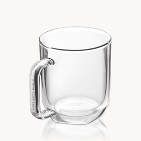 Clear glass mug with handle on a white background