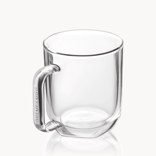 Clear glass mug with handle on a white background