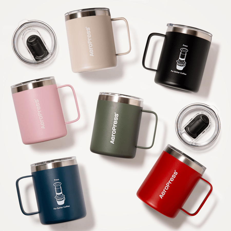 Collection of AeroPress insulated mugs in various colors on a white background #color_pink