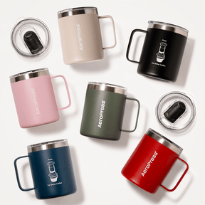 Collection of AeroPress insulated mugs in various colors on a white background #color_red