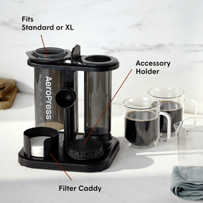 Aeropress coffee maker with labeled parts on a white background