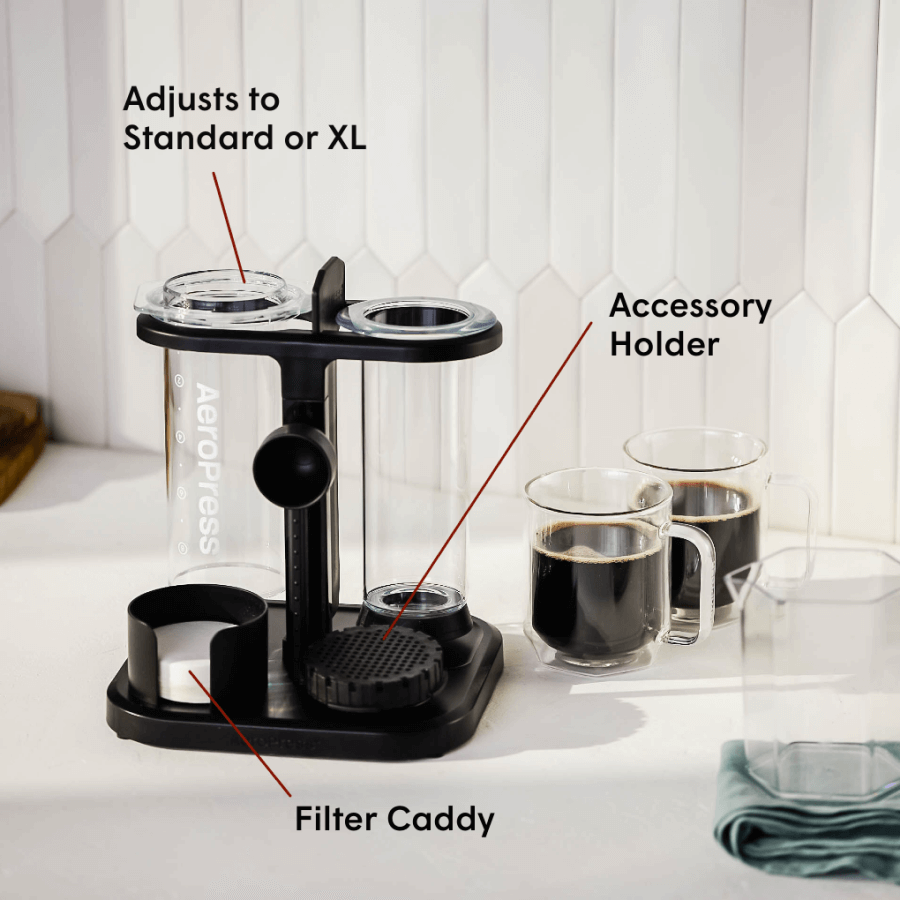 AeroPress coffee maker AeroPress Organizer Stand on a kitchen counter.