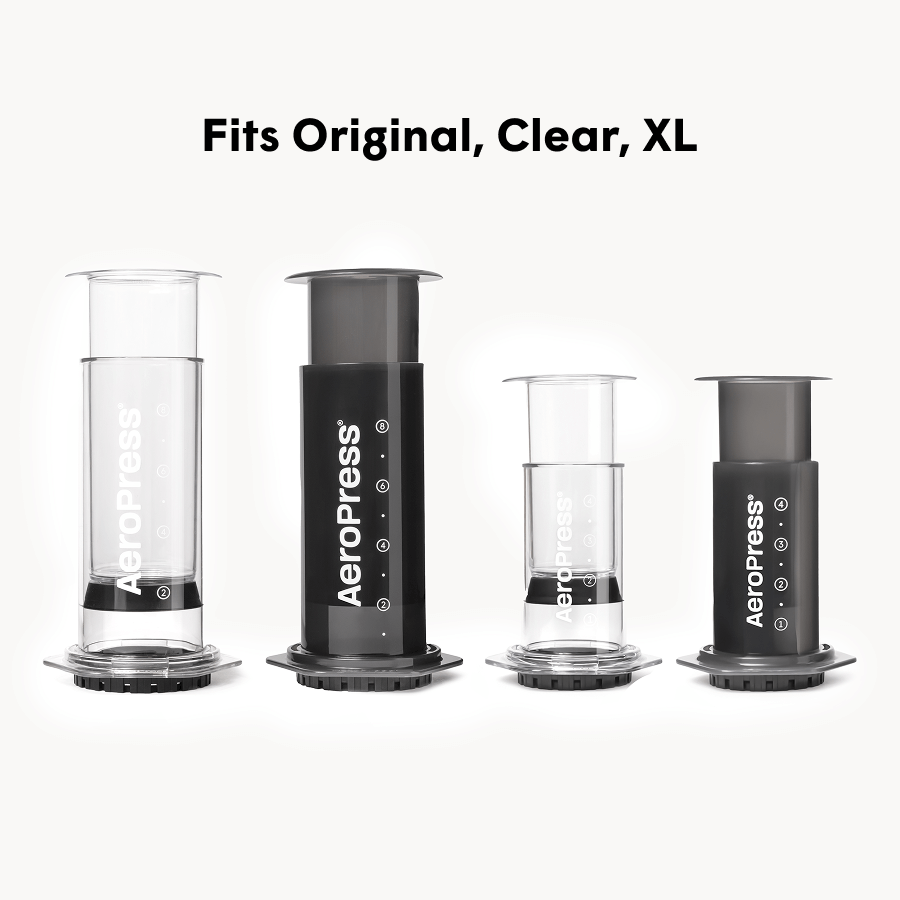 Aeropress coffee brewing device in Original, Clear, and XL sizes on a white background
