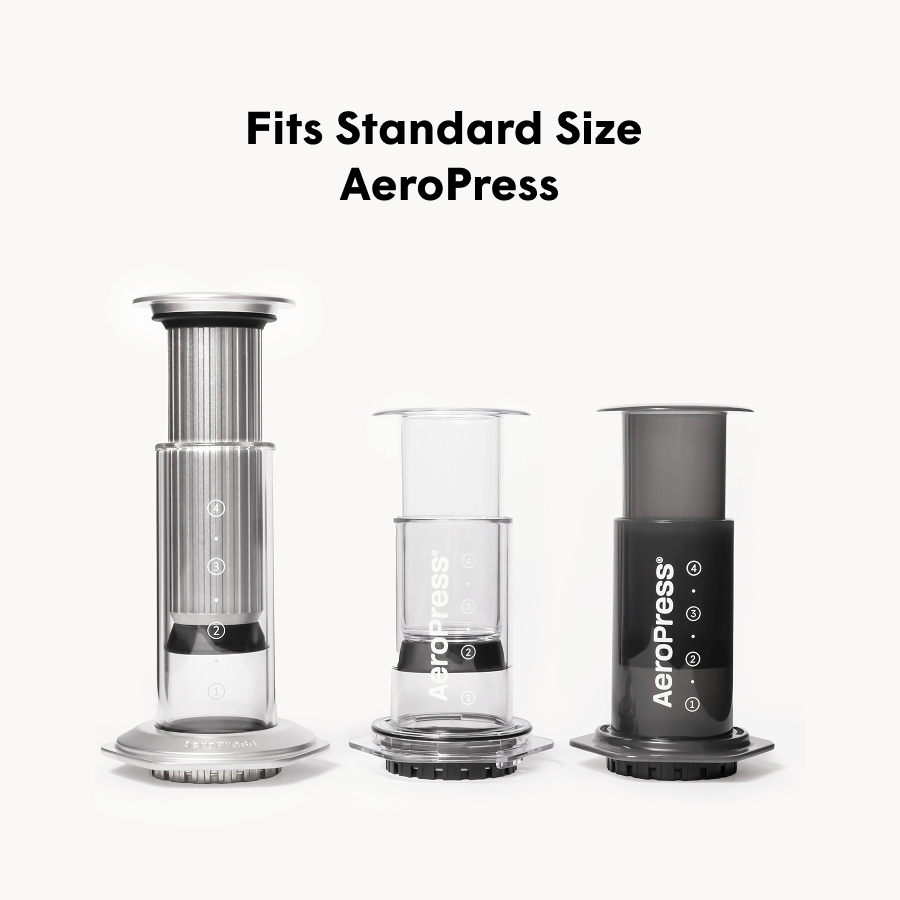Three AeroPress coffee makers on a white background with text indicating compatibility.