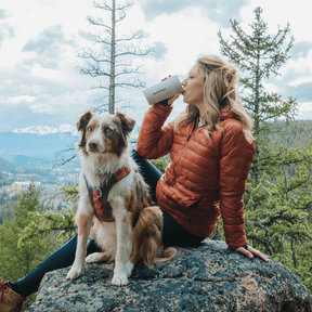 Woman in orange jacket drinking from an AeroPress Tumbler with a dog on a rocky outcrop in a forested area. #color_cream