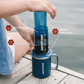 Aeropress coffee maker being used with a person sitting by a body of water. #color_Blue