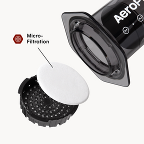 AeroPress coffee maker with filter and micro-filtration feature highlighted on a white background #color_black