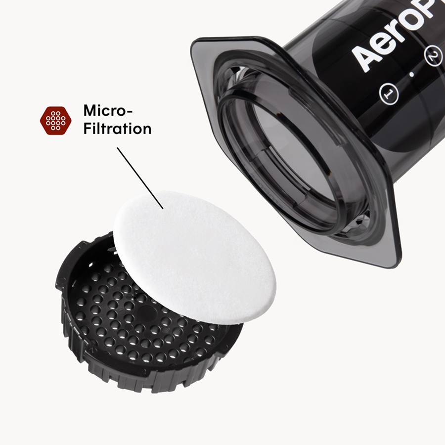 AeroPress coffee maker with filter and micro-filtration feature highlighted on a white background #color_black