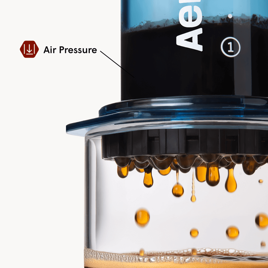 Close-up of a coffee brewing device with coffee dripping, labeled 'Air Pressure'. #color_blue