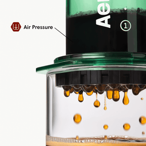Close-up of a coffee brewing device with air pressure indicated, featuring the brand 'AeroPress'. #color_green