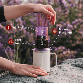 A person using an AeroPress coffee maker with labeled features against a blurred natural background.  #color_purple