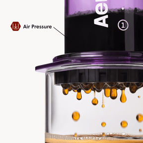 Close-up of a coffee brewing device with air pressure indicator and brand logo.  #color_purple