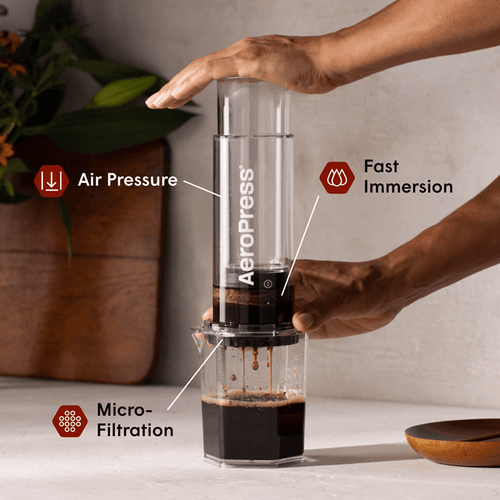 AeroPress Clear XL coffee maker with  feature call outs