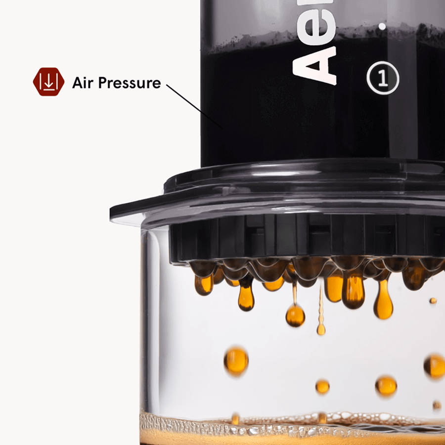 Close-up of a coffee brewing device with air pressure labeled, showing coffee dripping. #color_black