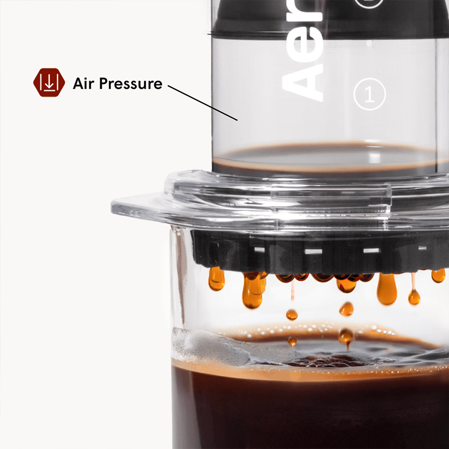 Close-up of a coffee brewing device with air pressure labeled, showing coffee dripping. #color_clear