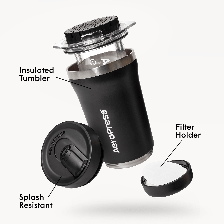 AeroPress Go Plus coffee maker with labeled parts on a white background #color_black