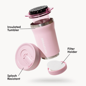 Pink AeroPress Go Plus coffee maker and insulated tumbler with labeled parts on a white background #color_pink