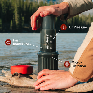 AeroPress Go coffee maker with red lid and black scoop on a white background