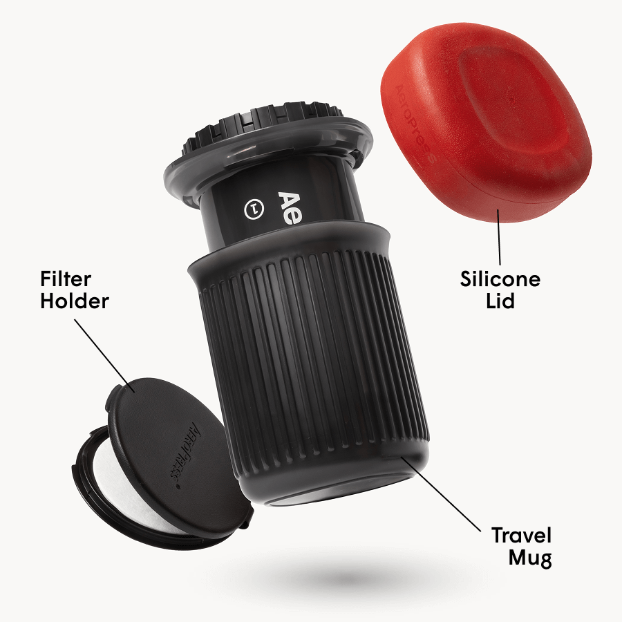 AeroPress Go coffee maker with red lid and black scoop on a white background