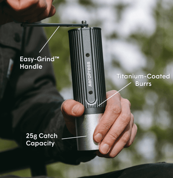 AeroPress Manual Coffee Grinder with call outs on features
