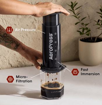 AeroPress XL coffee maker with a carafe of brewed coffee