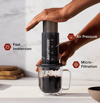 AeroPress Original coffee maker with a glass of brewed coffee 