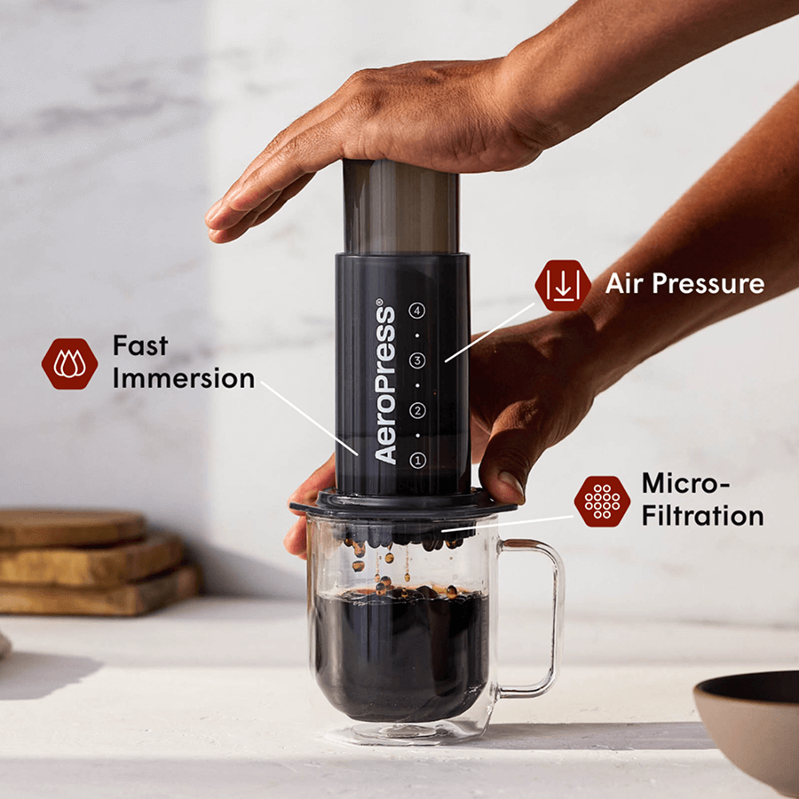 A person using an AeroPress coffee maker with labeled features on a kitchen counter.