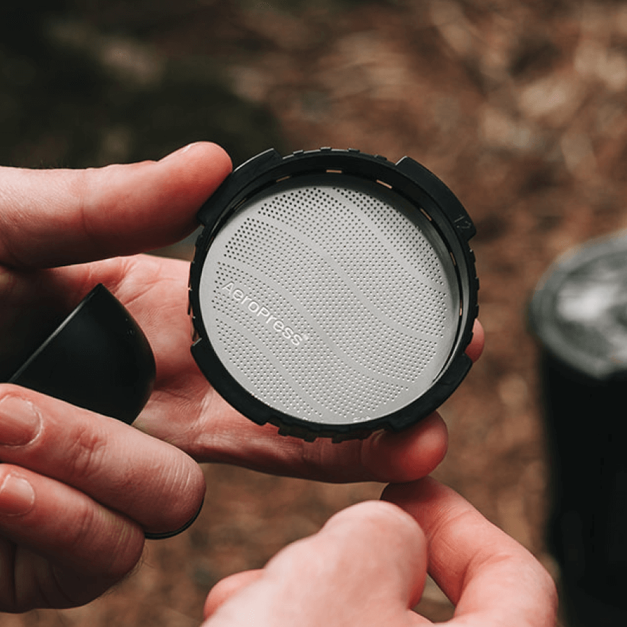 Person holding a coffee filter with 'Brewista' branding against a blurred natural background