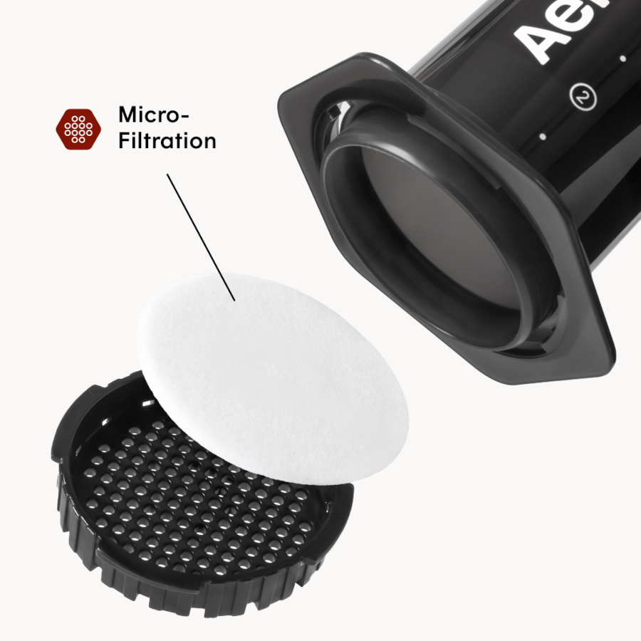 Filter components of AeroPress XL with 'Micro-Filtration' label and 'AeroPress' branding.