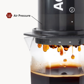 AeroPress XL Coffee maker with coffee dripping into a glass container, labeled 'Air Pressure'.