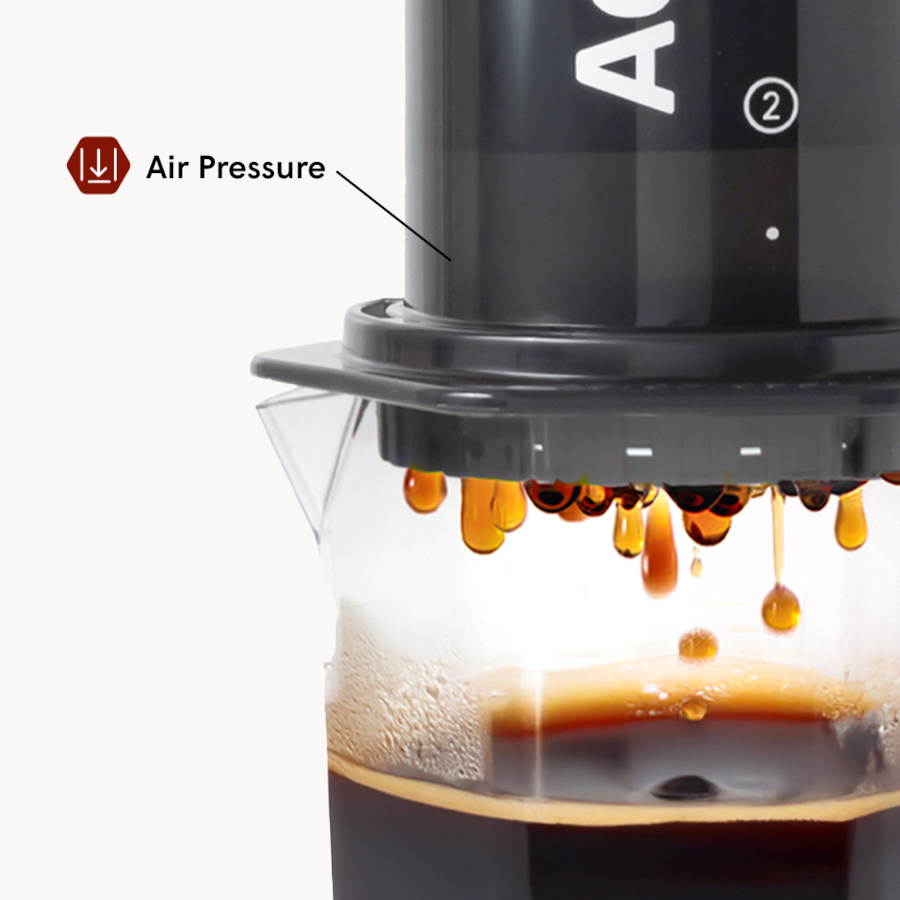 AeroPress XL Coffee maker with coffee dripping into a glass container, labeled 'Air Pressure'.