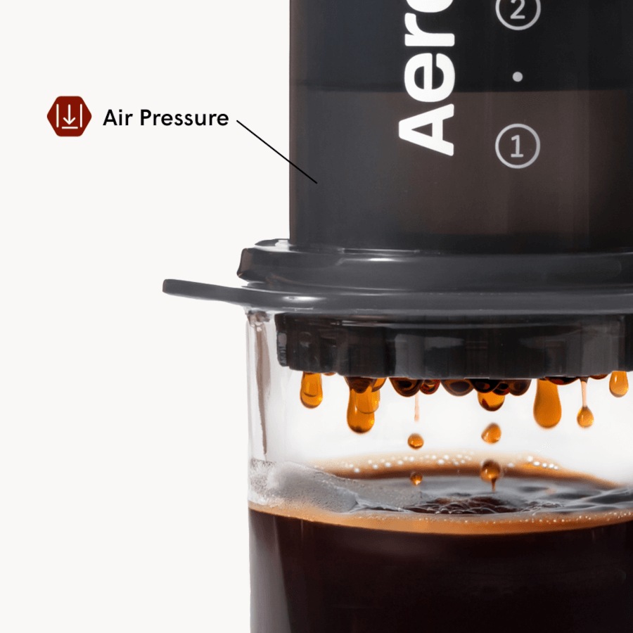 AeroPress Original coffee maker with coffee being pressed into a glass container, showing air pressure.