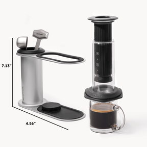 Coffee brewing device with dimensions labeled on a white background  #color_black