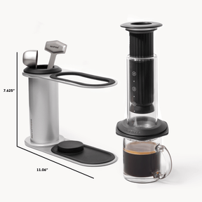 Coffee brewing device with dimensions labeled on a white background  #color_black