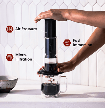 Person using an AeroPress Premium Black coffee maker with text labels for air pressure, fast immersion, and micro-filtration. #color_black