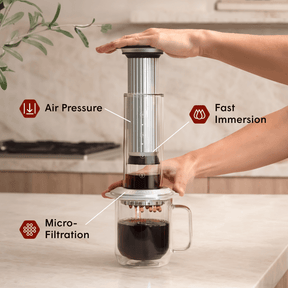 AeroPress Premium Coffee brewing device with labeled features on a kitchen counter